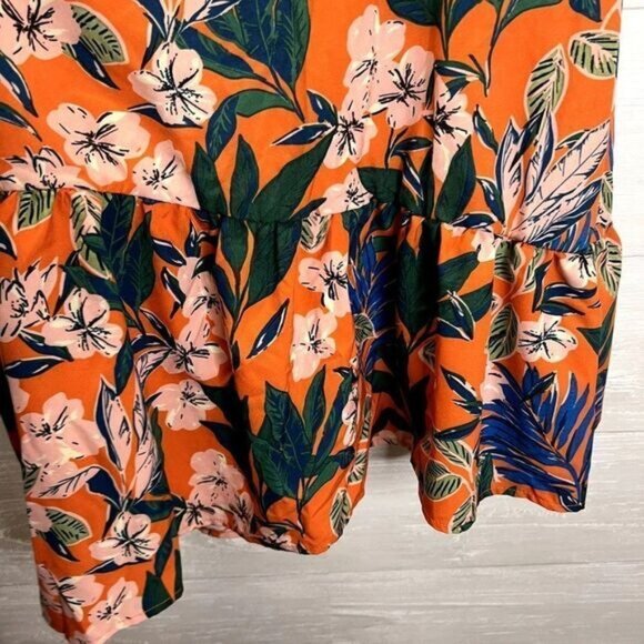 Shein Floral Print Lantern Sleeve Cut Out Asymmetrical Neck Ruffle Hem - Picture 8 of 12